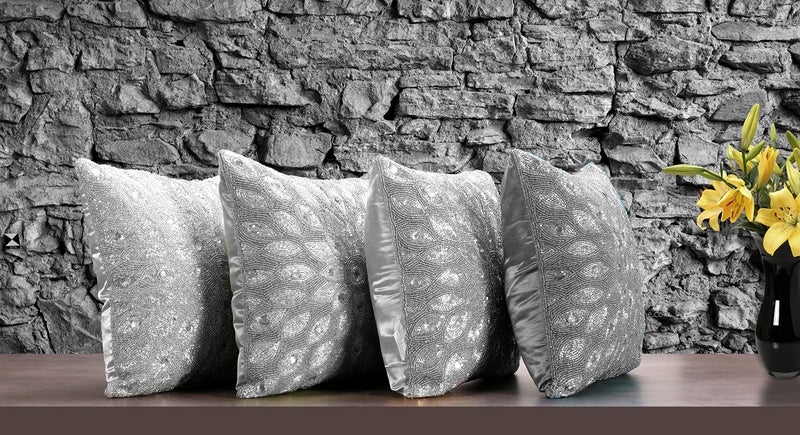 Light & Pro Lightnpro Handwoven Silver Pillow Cover - 12x12 Inch, Handmade Luxury Soft Peacock Design Decorative Cushion Case for Couch, Sofa, and Bed - Artisan-Made - Cover Only (1 Pack) - Image 4